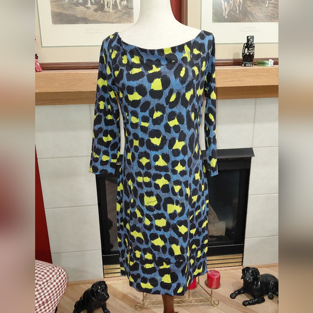 Just Cavalli Blue Yellow Black Leopard Dress Sz IT 48, US 12